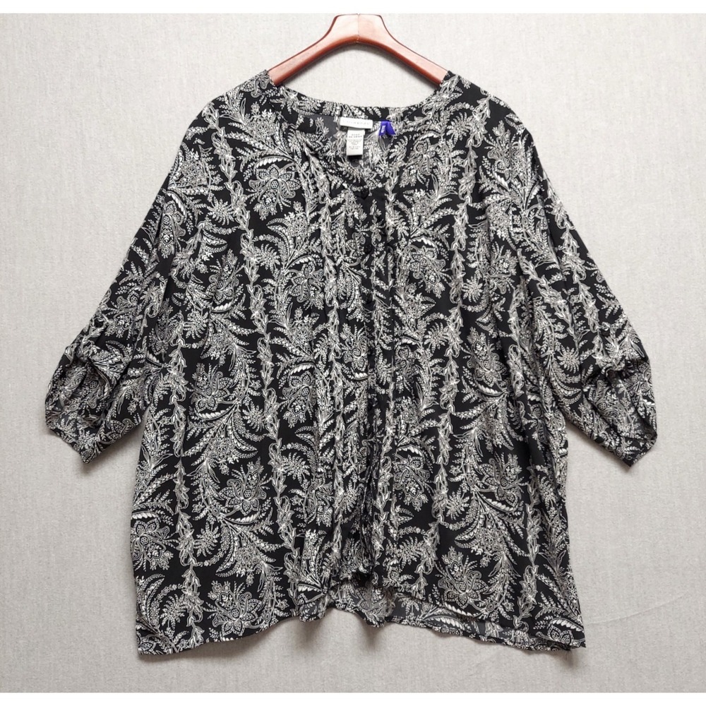 Catherines Button Womens‎ Plus 3X WP Black White 3/4 Roll Tab Floral Tunic Boho